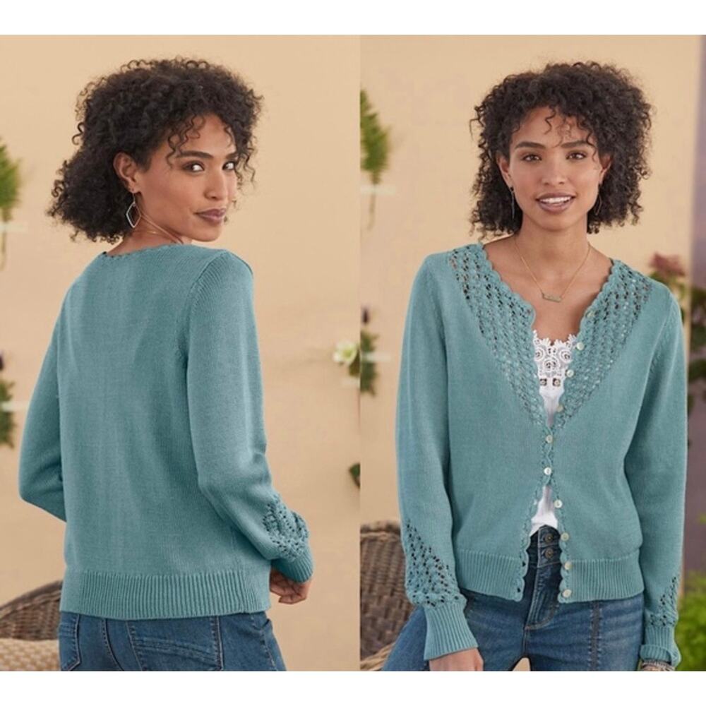 Sundance Dover Crochet Pointelle Knit Cardigan L NWOT Blue/Green Scalloped Trim